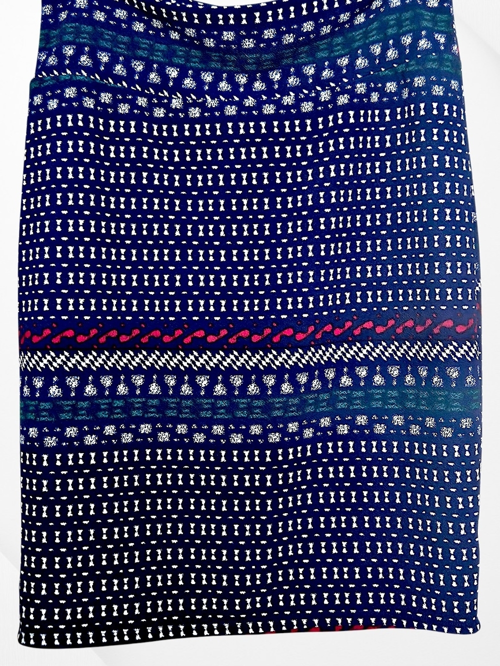 LuLaRoe Navy Pencil Skirt with White Pattern and Red Stripe
